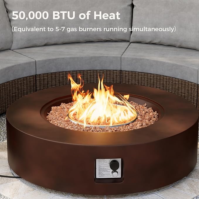 SUNBURY Outdoor 42-Inch Propane Fire Pit,Dark Brown Concrete Patio Fire Table 50,000 BTU w Waterproof Cover, Lava Rocks