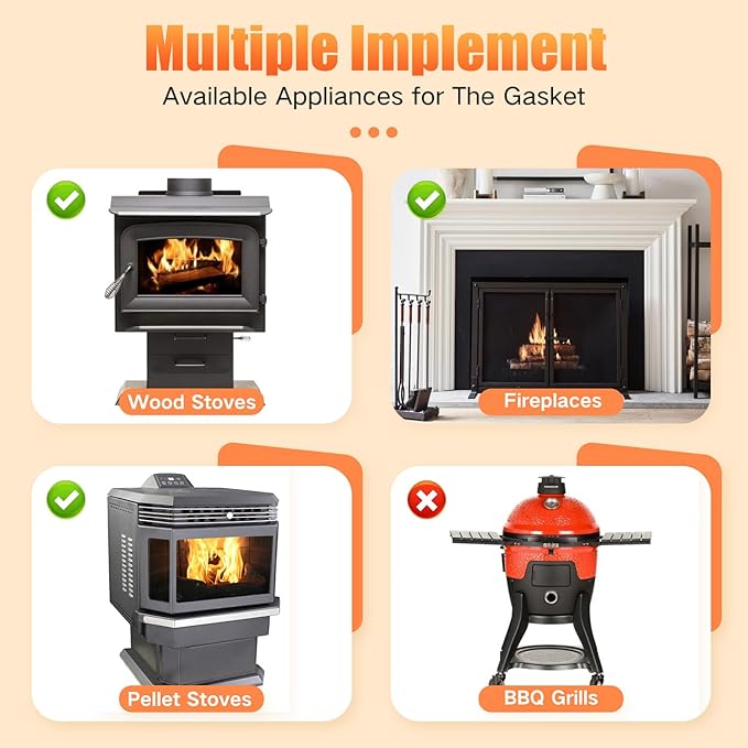 Wood Stove Gasket, 1" Woodstove Door Gasket Kit, High Temperature Resistant Rope Replacement for Fireplace Doors, Grey Color Fiberglass Seal