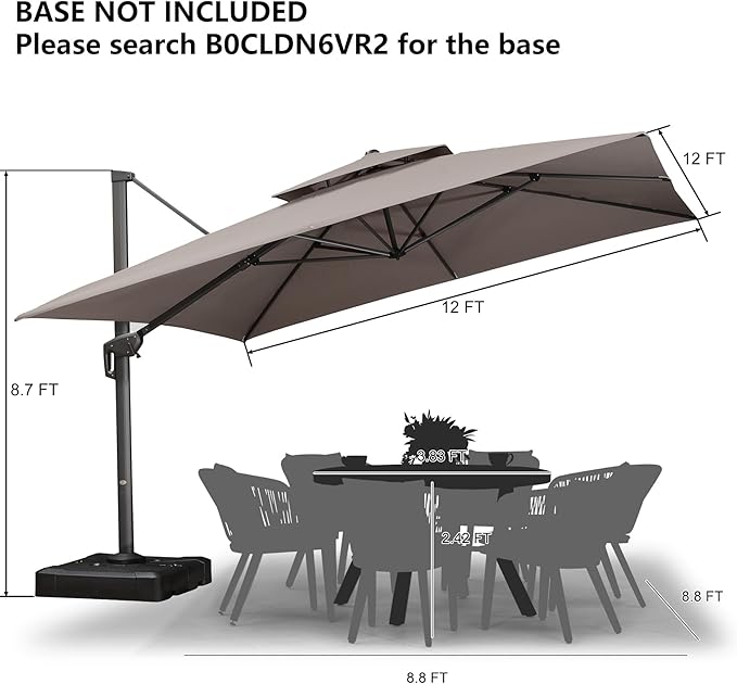 PURPLE LEAF 12 FT Cantilever Umbrella Outdoor Patio Umbrella, Large Offset Square Umbrella, Windproof Heavy Duty Hanging Outside Umbrellas for Patio, Ash Mocha