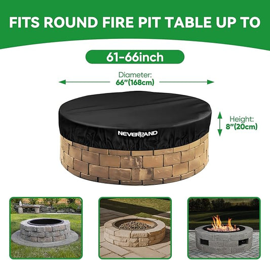 NEVERLAND Round Fire Pit Cover for In-Ground Fire Pits, 61-66 Inch Heavy Duty 600D Waterproof Outdoor Firepit Cover, Fits Built-In Stone Fire Pits, Black