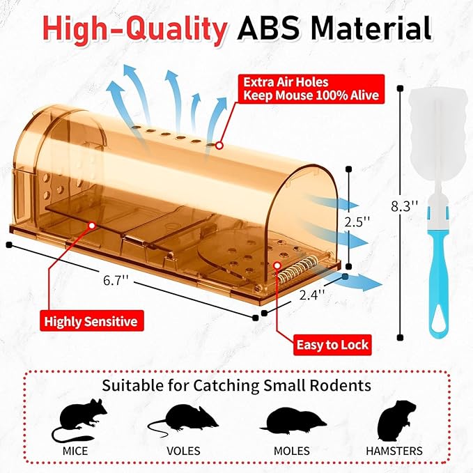 LULUCATCH Humane Mouse Traps 4 Pack, Live Mouse Traps, Catch Release Mouse Traps Indoor for Home, Reusable with Cleaning Brush, No Kill Mole Squirrel Rat Traps for House & Outdoors, Pet Safe
