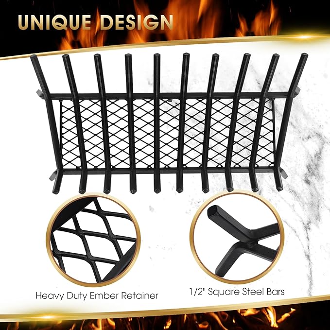 G GOOD GAIN Fireplace Grate with Ember Retainer, 32in Heavy Duty Steel Indoor, Chimney Hearth Wood Stove Burning Rack Holder,1/2 Bar Fire Place Asseccories for Outdoor, Fire Pits, Camping.
