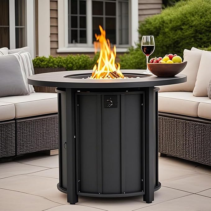 30'' Concrete Round Gas Fire Pit, 50,000 BTU Steel Outdoor Fire Tables, Fire Table with Lid, Add Warmth & Ambience to Gatherings and Parties On Patio Deck Garden Backyard，White Glass Stone.