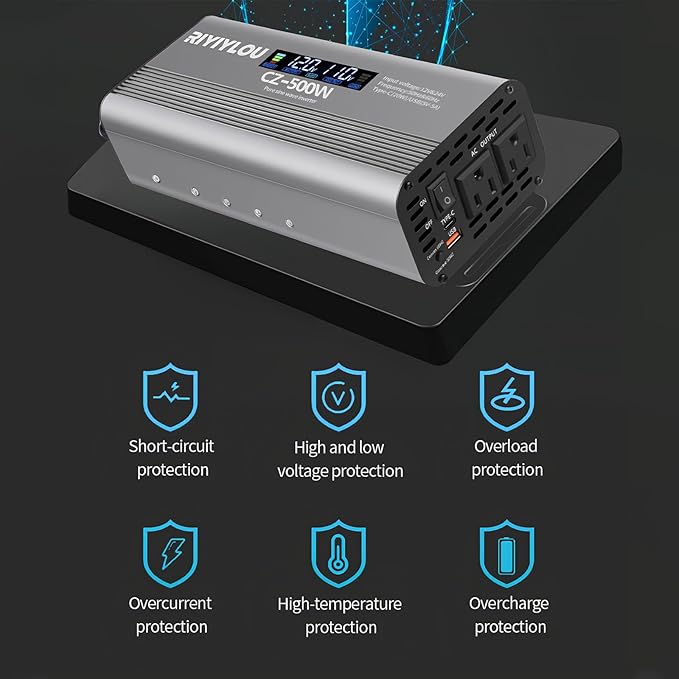 500W Pure Sine Wave Inverter (1000W Peak), 12V/24V Auto-Detect, 50Hz/60Hz Switchable, LCD Display, Type-C Fast Charging, Silent Design, Overload & Overheat Protection for RV, Home (500W)