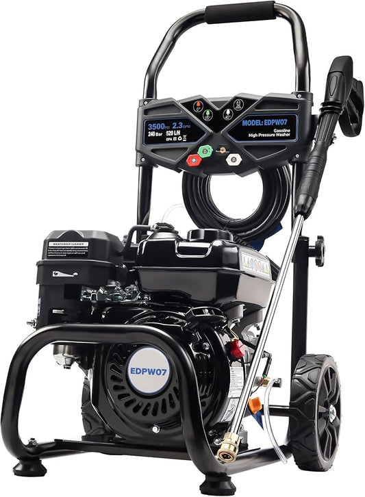 Ezasin 3500 PSI Gas Pressure Washer, 2.3 GPM – Heavy Duty High Power with 209CC 7HP Engine, 25Ft Pressure Hose, Axial Aluminum Pump, Soap Tank, 4 Quick Connect Nozzles (Black)