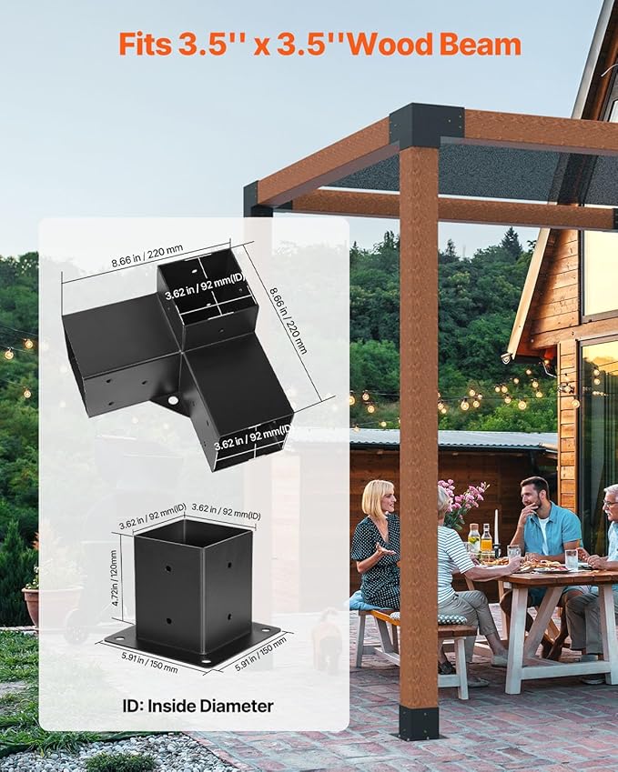 VEVOR Pergola Kit 4-Pack, T-Shaped 4x4 (Actual 3.5x3.5 Inch), 3-Way Pergola Brackets DIY Woodworking Gazebo Bracket Kit with Screws for 3.5x3.5 Inch Wood Beams in Actual Size for Outdoor Party Banquet