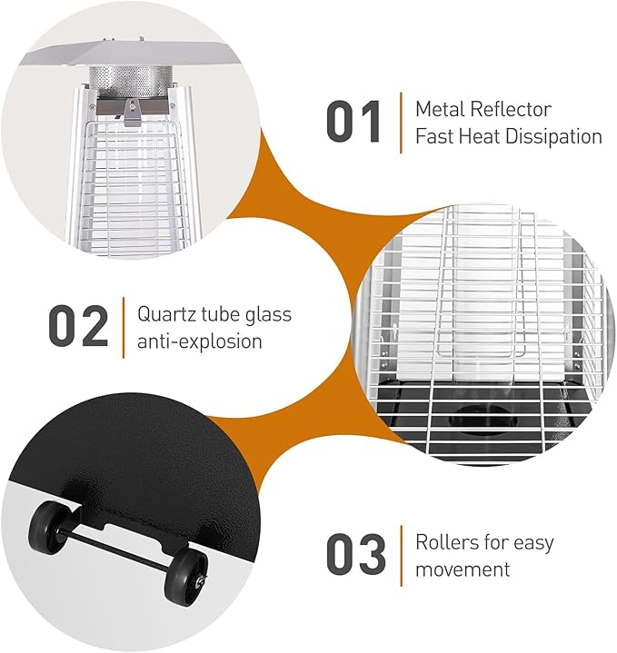 Patio Heater with Cover, 48,000 BTU Pyramid Flame Outdoor Heater, Propane, Detachable Wheels, Quartz Glass Tube for Patio, Garden, Courtyard, Park, Poolside (Brown)