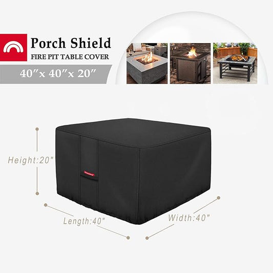 Porch Shield Fire Pit Cover - Waterproof 600D Heavy Duty Fade Resistant Square Patio Fire Pit Table Cover Black - 40 x 40 inch