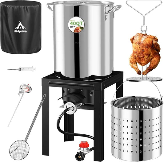 Stainless Steel 40QT Turkey Fryer Kit, Waterproof Cover & 12-inch Skimmer, 55,000BTU Propane Burner Stove, Turkey Fryer Pot, Outdoor Deep Fryer, Crawfish Boiler with 25QT Basket
