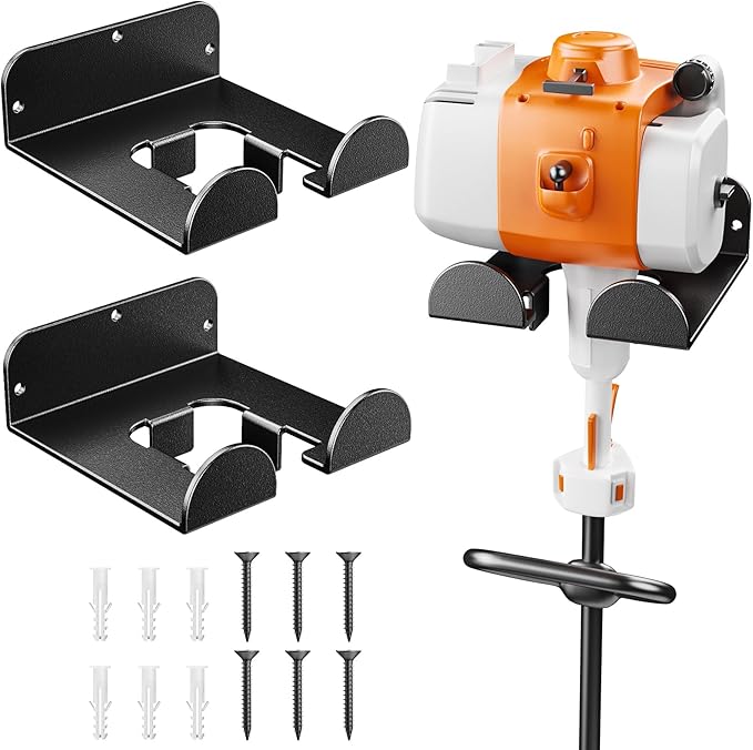 POKIPO Weedeater Hanger,2 Pack Garage Tool Organizer Storage Trimmer Rack for Open Trailer, Heavy Duty Metal Grass String Weed Wacker Eater Holder Wall Mount Loads 25lbs,Garden Hooks for Lawn Yard
