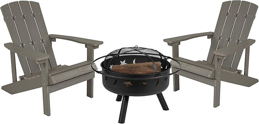 EMMA + OLIVER Campfire Set - Two Gray Poly Resin Adirondack Chairs - 29" Star and Moon Fire Pit with Mesh Cover - Weather Resistant - Wood Burning Fire Pit