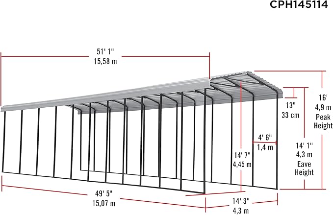 Arrow Carports Galvanized Steel Carport, RV Metal Carport Kit, 14' x 51' x 14', Eggshell
