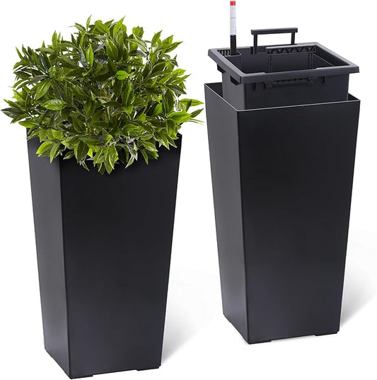 Garvee 22.5" Tall Planters Set of 2, Outdoor＆Indoor Black Planter Pots, High Front Porch Planter Pots with Drainage Holes＆Water Level Monitor＆Inner Bucket,Black