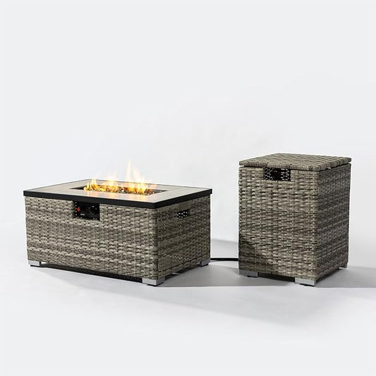 32in Gas Fire Pit Table Set, 50,000 BTU Propane Fire Pit Table Outdoor with Rain Cover, Hideaway Tank Holder Fits 20lb Tank, Gas Fire Pit for Outside w/Ceramic Tabletop and lid, Glass Rocks.