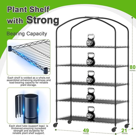 Abimars 5-Tier Greenhouse with Grow Light, Shelf Height Adjustable Metal Plant Shelf with PVC Cover and Wheels, Includes 5-Pack 2900K Full Spectrum Plant Lights, 21x49x80inch