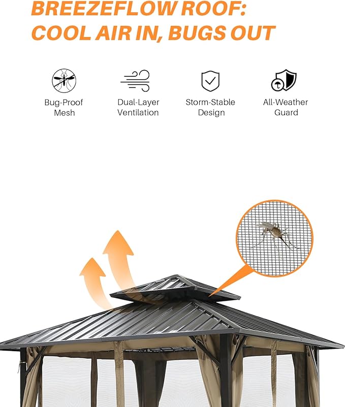 SEEHILL 10' x 10' Hardtop Gazebo, Aluminum Frame Outdoor Patio Gazebos with Netting and Curtains, Outdoor Gazebo Canopy, Patio Pergola with Double Steel Roofs for Backyard, Patio, Deck, Sandstone