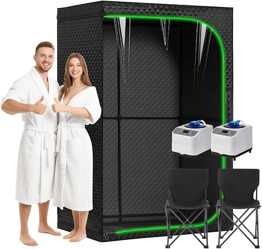 Portable Full-Body Steam Sauna Tent for Home – Large Indoor Personal Sauna with 15 Heat Levels, 3L Steamer, Remote, Foldable Chair and Transparent Window (Double Rectangular, Black)