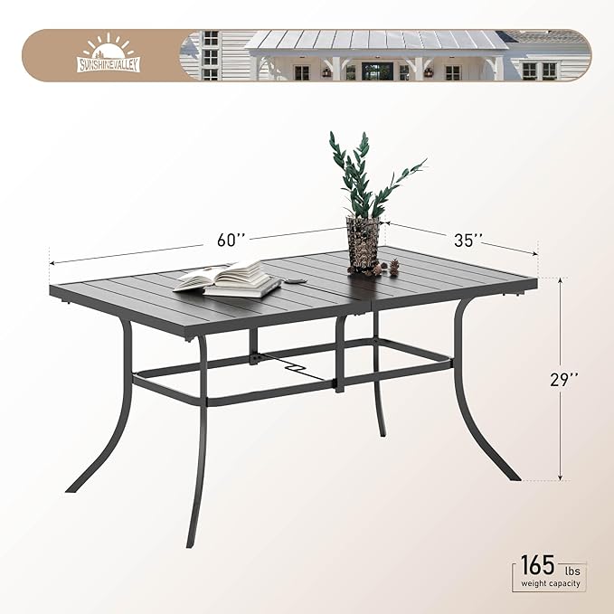 60" Patio Dining Table for 6, Rectangle Patio Table with Umbrella Hole,E-Coating and Powder Coating Steel Frame Metal Outdoor Patio Table for Garden Backyard Lawn Yard