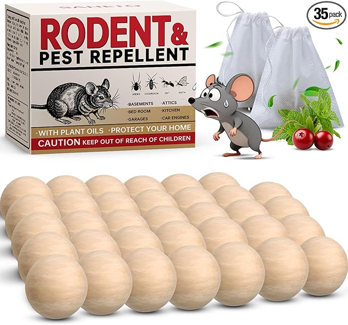 Mouse Repellent 35 Balls, Peppermint Rodent Repellent for Indoor & Outdoor Use, Long-Lasting Safe Mice Deterrent, Natural Effective Moth Balls for Rodent Control for Home, Car & Garden