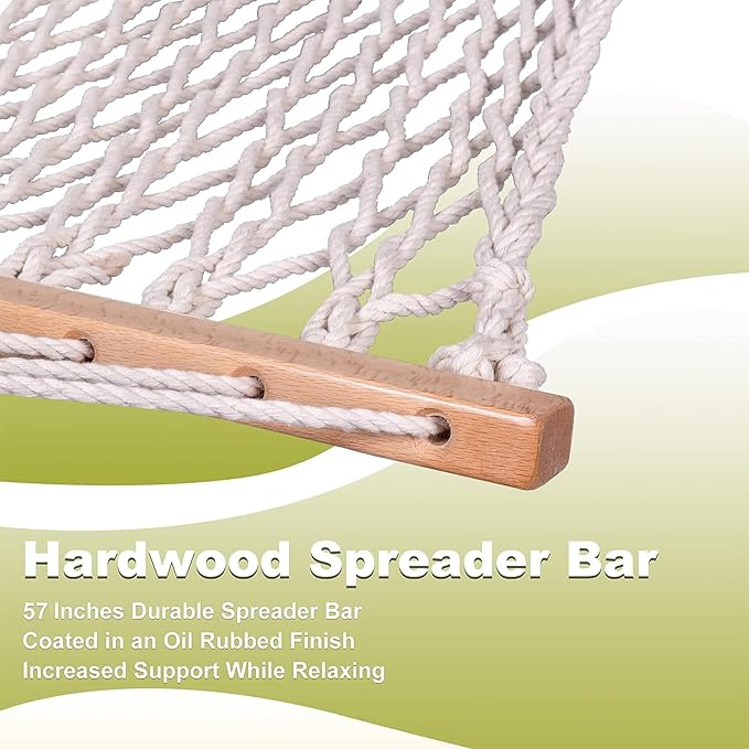 Lazy Daze Hammocks 12FT Double Rope Hammocks, 2 Person Hand Woven Cotton Hammock with Spreader Bar for Outside, Patio, Poolside, FIT 13-15 Foot Stand, Max 450 Lbs, Natural, 141 x 57 inches