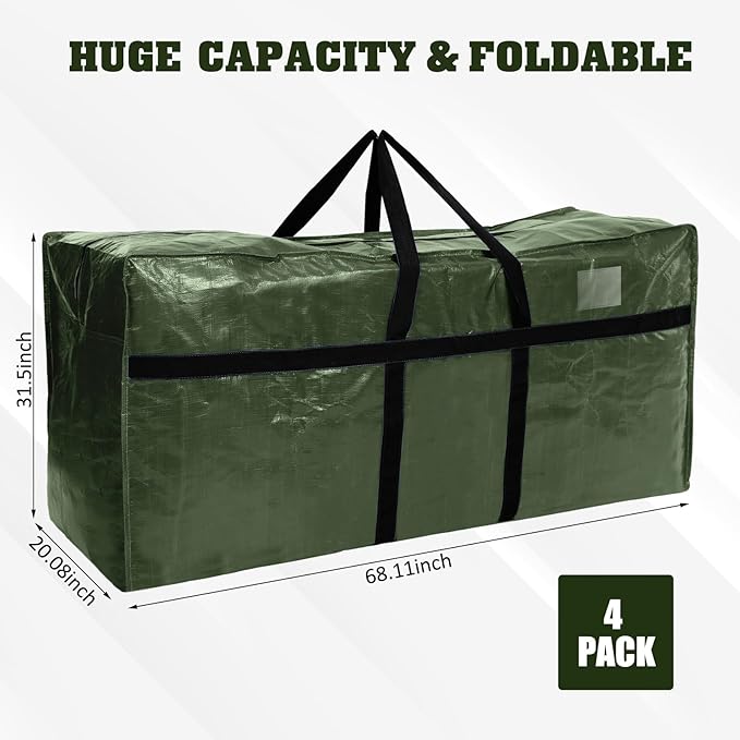 Windyun 4 Pack 177 Gallon Extra Large Storage Bags XXL Moving Bags with Zipper Handle Heavy Duty Jumbo Big Tote Box for Christmas Tree Storage 4, 5, 7.5, 9, 10, 12 ft Skeleton College Dorm(Army Green)