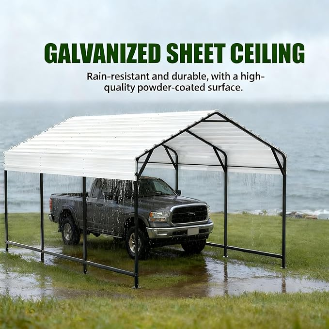 20x20 FT Metal Carport Heavy Duty Steel Roof with Reinforced Frame All-Weather Multi-Use Outdoor Car Shelter Canopy for Fulll-Sized Pickup Trucks, Boat and Tractors
