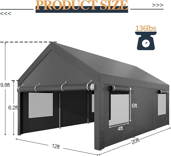 Shintenchi 12x20 FT Heavy-Duty Design Carport,Portable Garage Canopy,Carport Canopy with Side-Opening Removable Door & Roll-Up Window,Portable Car Port for Car, Truck, Boat,Grey