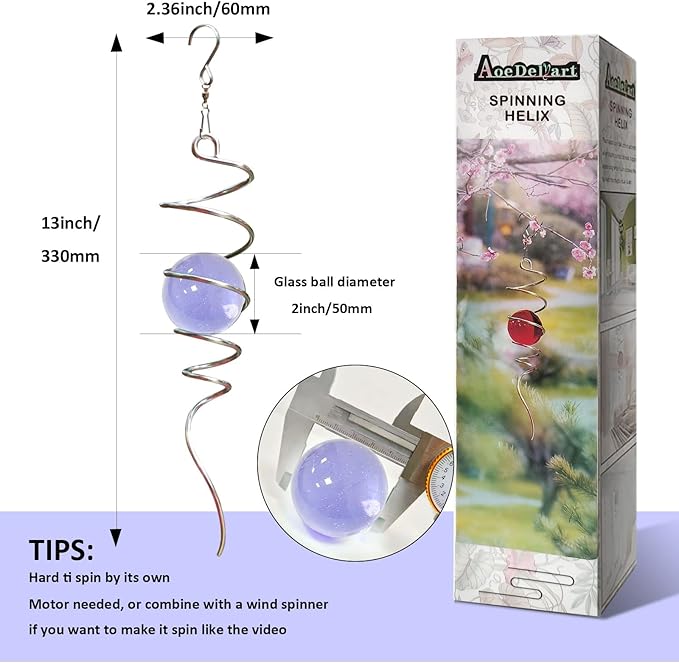 Aoedelyart Gazing Ball Spiral Decorative Wind Spinner Sun Catcher 11inch Tail and 2 inch Glass Orb. Indoor Outdoor Garden Decoration Wind Sculptures-13 inch Height (Purple)