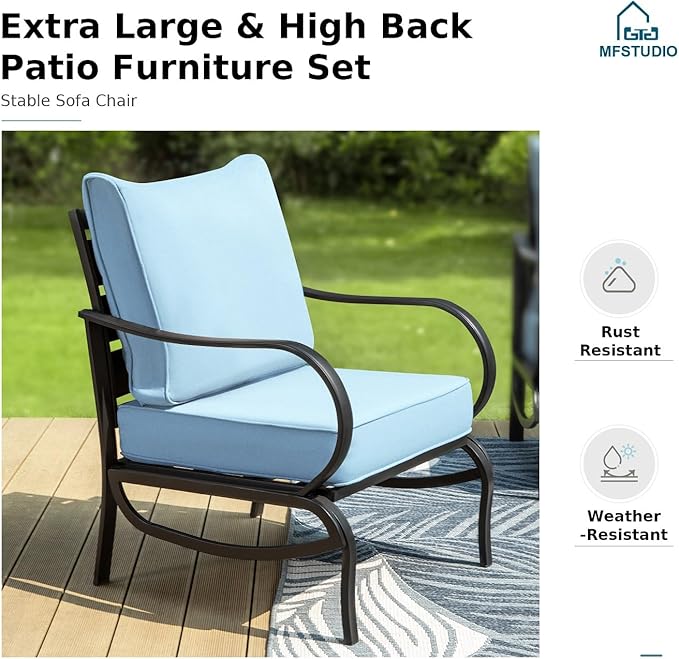 MFSTUDIO 5 Pieces Patio Conversation Sets, Outdoor Metal Furniture Sofas with 1 x 28 50,000 BTU Square Propane Fire Table and 4 x Wrought Iron Frame Sofa Chairs with Blue Cushion