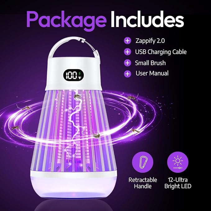 Zappify Zapper 2.0 2 Pack Portable Bug Zapper, Indoor & Outdoor, Cordless Rechargeable Mosquito Zapper, Hanging Hook, 1500V High Voltage, Trap for Fly, Insect, Mosquito & Bugs
