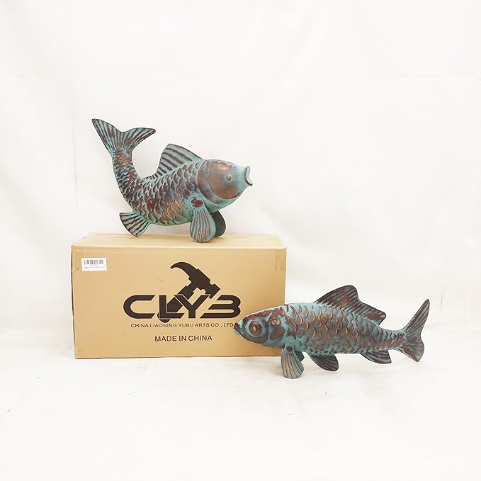 CLYB Metal Koi Fish Sculptures, Outdoor Garden Sculptures & Statues, Antique Copper Koi Pond Decor, Set of 2 Koi Fish Figurines Artwork, Garden Statue for Indoor Outdoor Patio Backyard Home Kitchen