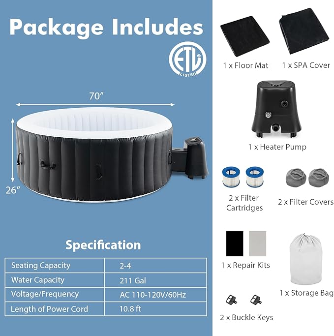 GYMAX Hot Tub, Inflatable Hot Tub with 130 Soothing Bubble Air Jets, Insulated Lockable Cover, Ground Mat & Filter Cartridges, Outdoor Blow Up Spa Tub for Backyard, Patio (Round, 2-4 Person)