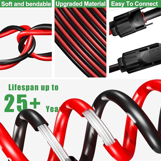 Twin Wire 20FT Solar Extension Cable - 10AWG (6mm²) Solar Panel Connector, with IP67-Male/Female Solar connectors for Outdoor Automotive RV Boat Marine Solar Panel- Black & Red