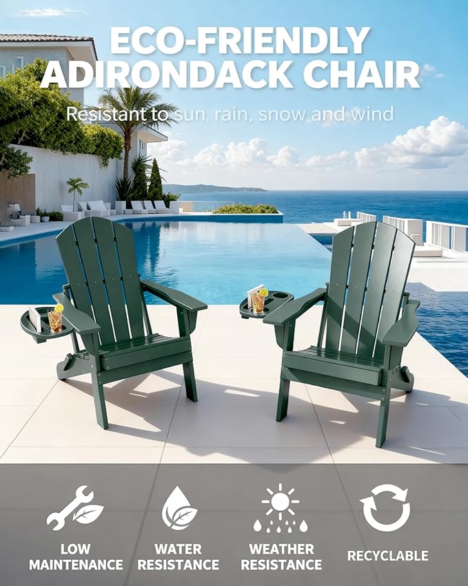 Adirondack Chair Set of 4, HDPE Folding Adirondack Chair with Multifunctional Cup Holder, Weather Resistant Fire Pit Chair for porches, patios, poolsides, Decks.