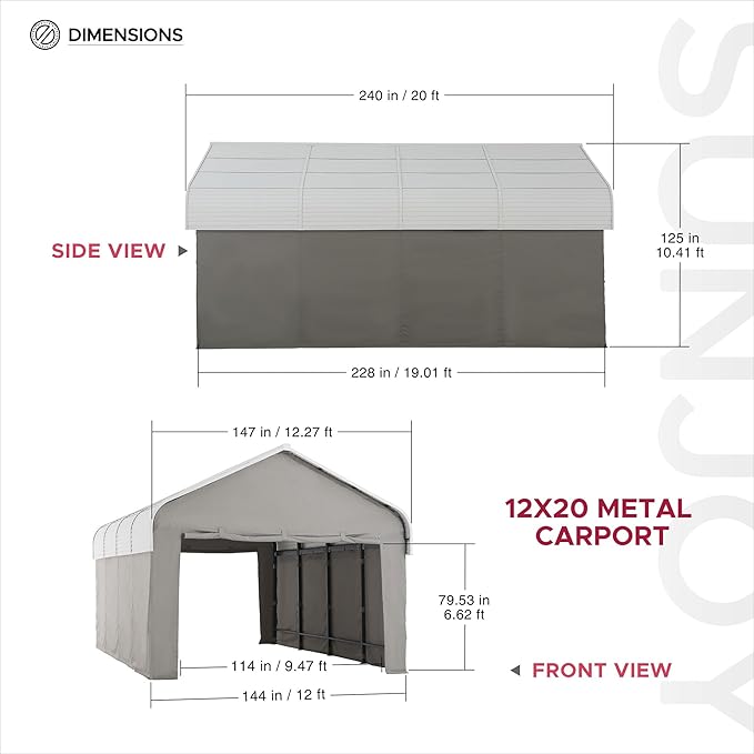 SUNJOY Carport 12 x 20 ft. Hardtop Gazebo with Fabric Enclosure & Sidewalls, Heavy Duty Garage with Powder-Coated Steel/Aluminum Roof and Frame, Gambrel Roof Carport for Car, Boat and Trailer