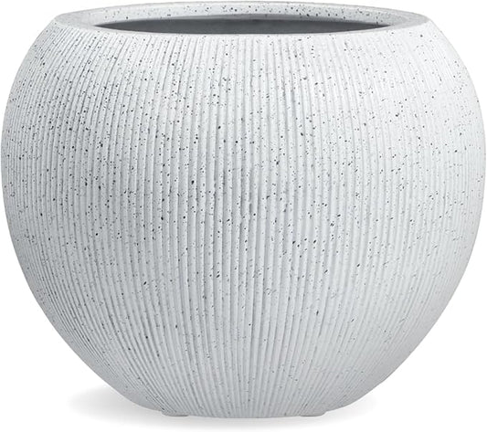 9.7"H x 12"D Globo Fiberstone Round Planter, Christmas Tree Planter, Weather Resistant, Ribbed Finish, Planters for Indoor Plants & Outdoor, Extra Coco Mats (Speckled White,7.8" Pot Opening)