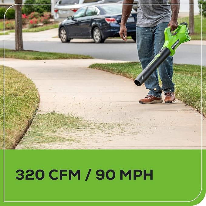 Greenworks 48V (24V x 2) 17" Brushless Mower+12" String Trimmer+320CFM Blower+310 in./lbs Drill Driver, (2) 4.0Ah Batteries and (2) 2.0Ah Batteries, 2A Dual Port Charger