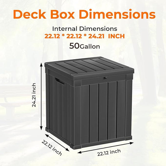 Mersco 50 Gallon Double-Wall Resin Deck Box - Lockable Waterproof Outdoor Storage Box, 515lbs Capacity & Doubles as Seating for Patio Furniture - Garden Tools, Pool Accessories (Black)