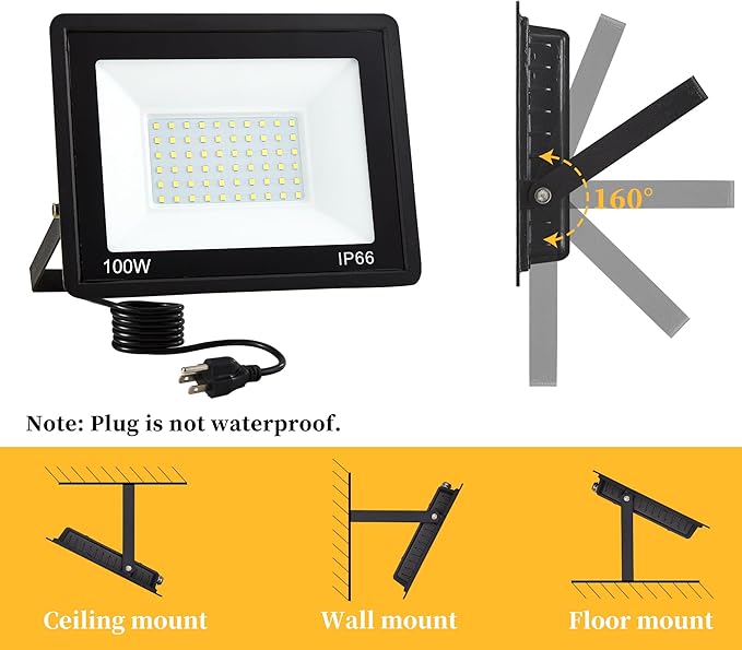 4 Pack 100W LED Flood Lights Outdoor Plug in, 10000 LM Super Bright Outdoor Lights, Portable IP66 Waterproof LED Work Light, 6000K Daylight White Floodlights for Garage Yard Garden Playground
