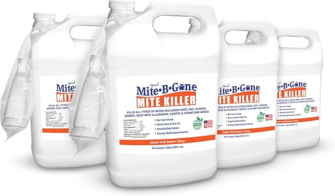 Mite Killer Treatment Spray Pack by Mite-B-Gone | Kills All Types of Mites, Dust, Spider, Rat, Carpet & Bird Mites | Safe for Homes, Furniture & Pets | Non-Toxic | Kid & Pet Friendly | 1 Gal 4-Pack