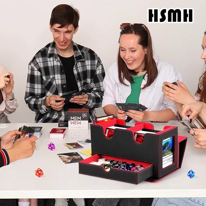 MTG Deck Box with 2 Commander Display,Commder Deck Box Fits 310+ Cards，with Dice Tray,Leather Magnetic,Fits for TCG CCG Magic Cards (Black Red)
