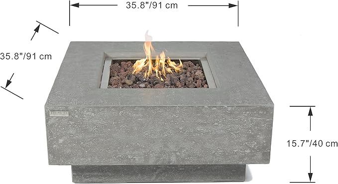 Elementi Manhattan Gas Fire Pit Bundle Concrete Fire Table, Outdoor Fire Pit Electronic Ignition | Canvas Cover, Lava Rock Included | Free AMS Wind Guard | Light Gray (Propane Gas)