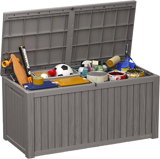 EAST OAK Outdoor Storage Box, 180 Gallon Deck Box, Large Resin Storage Bin for Patio Cushions, Gardening Tools, Lockable, Waterproof and UV Resistant, Grey