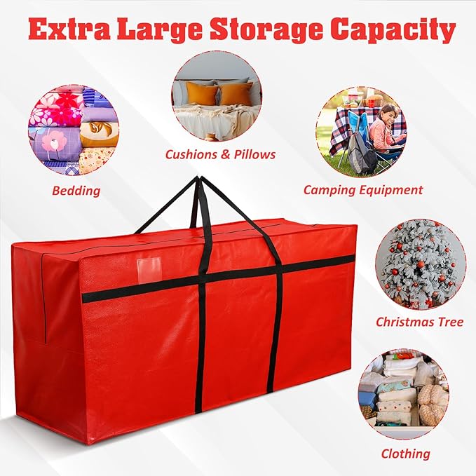 Windyun 4 Pack 177 Gallon Extra Large Storage Bags XXL Moving Bags with Zipper Handles Heavy Duty Jumbo Big Tote Box for Christmas Tree Storage 4, 5, 7.5, 9, 10, 12 ft Skeleton College Dorm(Red)