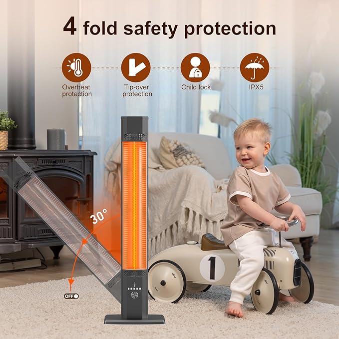 42 INCH Patio Heater, 1500W Outdoor Heater, 9 Heat Levels & 9 Hour Timer, 1S Instant Heat, Infrared Heater with Child Safety Lock, IP65 Waterproof, Tip-Over for Outdoor Indoor Use, Black