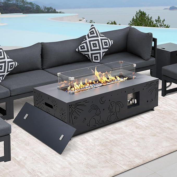 NICESOUL 42'' Natural Gas/Propane Fire Pit Rectangular, Low Profile Firepits with Tank Table for Outside Patio, 50000 BTU Outdoor Fireplace with LED Lights Lamp for Backyard Garden, CSA, Dark Grey