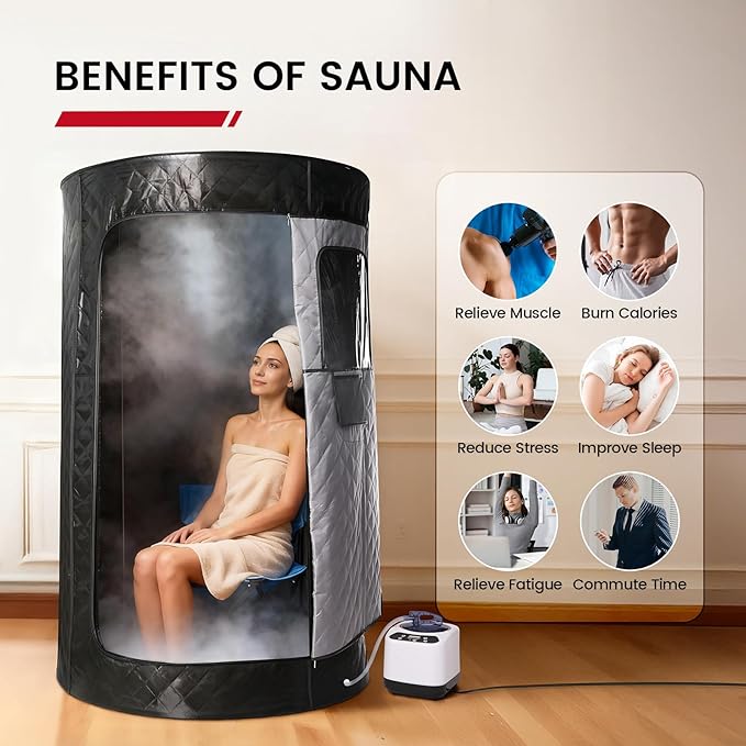 Enhulk Portable Sauna Box for Relaxation, Detoxification, Steam Sauna Tent for Home with 3.0L Steamer, Folding Chair, Remote Control, Doormat, 9 Levels, 3.6' x 3.6' x 5.9', Circular
