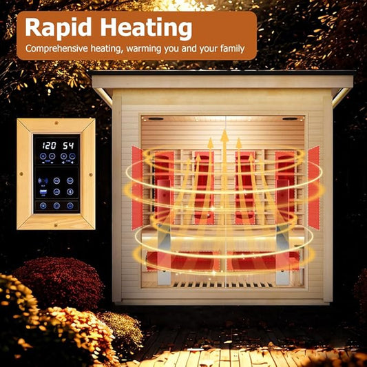 3-4 Person Hybrid Home Wood Sauna, Indoor/Outdoor WiFi Control Far Infrared & Traditional Hemlock Steam Saunas Spa Room with Red Light Therapy, 11 Heaters& Electric Stove, Accessories, Rightdoor