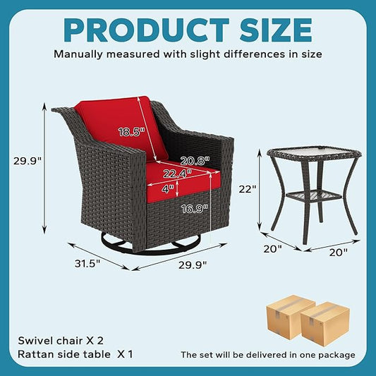 3 Pieces Patio Conversation Furniture Set - 2 Swivel Chairs, 1 Side Table, Outdoor Wicker Rocking Glider Armchairs with Washable and Water-Resistant Cushions for Porch, Balcony (Red)