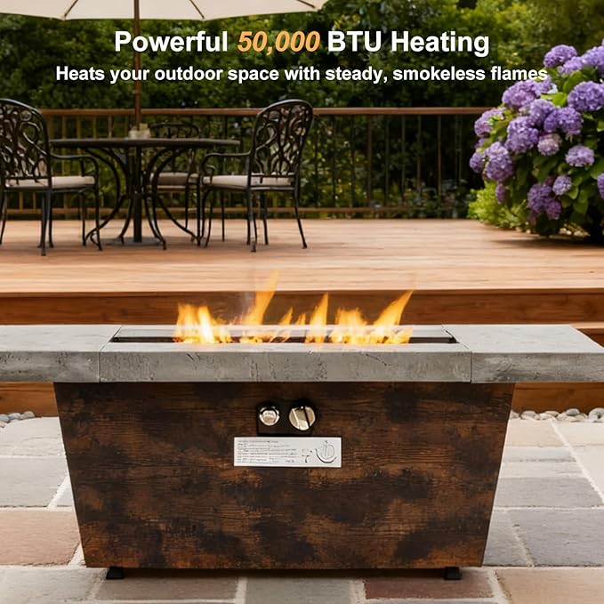 Propane Fire Pit Table, 42 Inch Firepits for Outside, Rectangle Gas Fire Pits for Outside Patio, Deck, Pool, 50000BTU, Tank Outside, Tank Not Included, Cement Grey